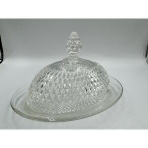 Vintage Indiana Clear Glass Diamond Point Oval Covered Butter Dish 9" X 5"